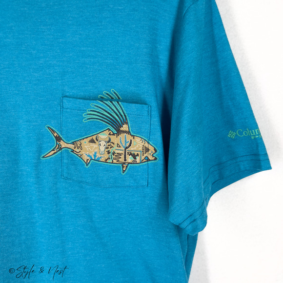 Columbia Wild Cast Pocket Tee Fish Retro Size Medium - Picture 2 of 6